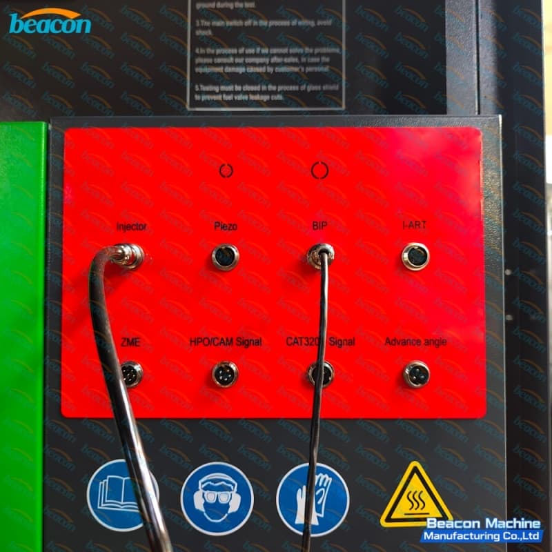 Electronic signal connection panel with quick-coupling ports for Piezo, BIP, I-ART, and CAT320D testing channels. Electronic signal connection panel with quick-coupling ports for Piezo, BIP, I-ART, and CAT320D testing channels.