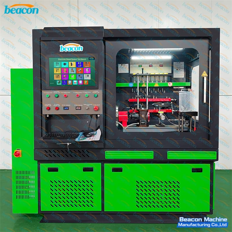 Front view of the CR910 multi-function diesel test bench featuring touchscreen monitor and safety test chamber. Front view of the CR910 multi-function diesel test bench featuring touchscreen monitor and safety test chamber.