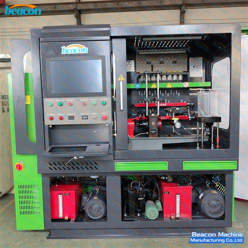 Modular HEUI testing station inside the working chamber displaying dual acrylic measurement cylinders. Modular HEUI testing station inside the working chamber displaying dual acrylic measurement cylinders.