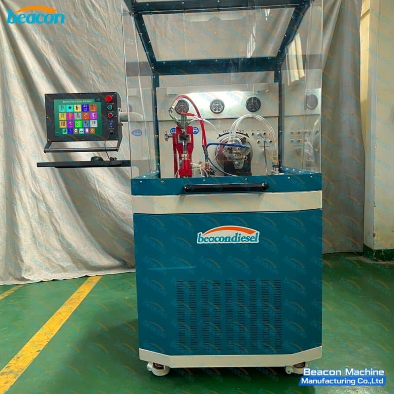 Automatic common rail injector and pump test bench front view with closed protective shield and industrial monitor Automatic common rail injector and pump test bench front view with closed protective shield and industrial monitor