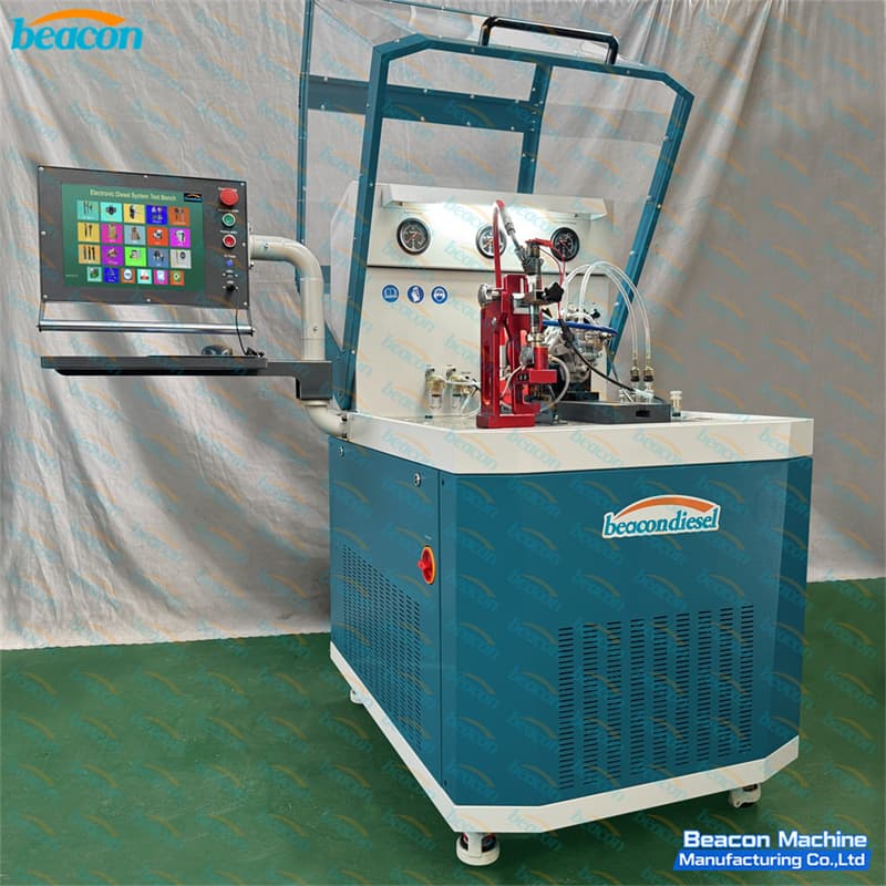 Ergonomic side view of BC810 diesel fuel injection pump test bench with open safety hood and swinging control arm Ergonomic side view of BC810 diesel fuel injection pump test bench with open safety hood and swinging control arm
