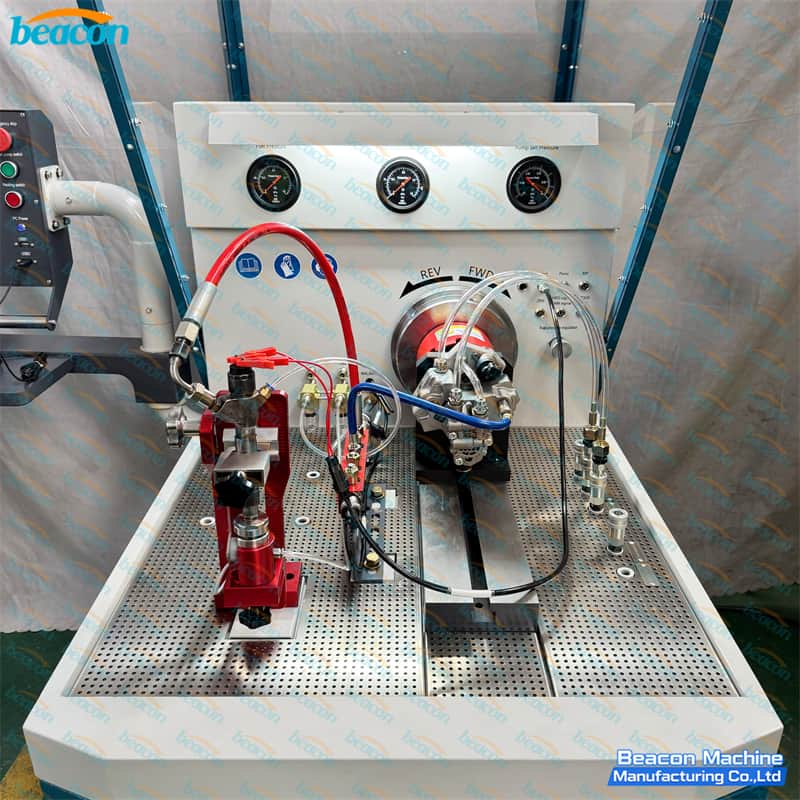 High-pressure testing chamber showing mounted common rail injector and CP3 pump setup on heavy-duty mounting bed High-pressure testing chamber showing mounted common rail injector and CP3 pump setup on heavy-duty mounting bed