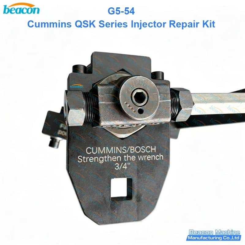 Technician aligning the fixed clamping positioning plate onto a heavy-duty Cummins QSK injector using the G5-54 fixture