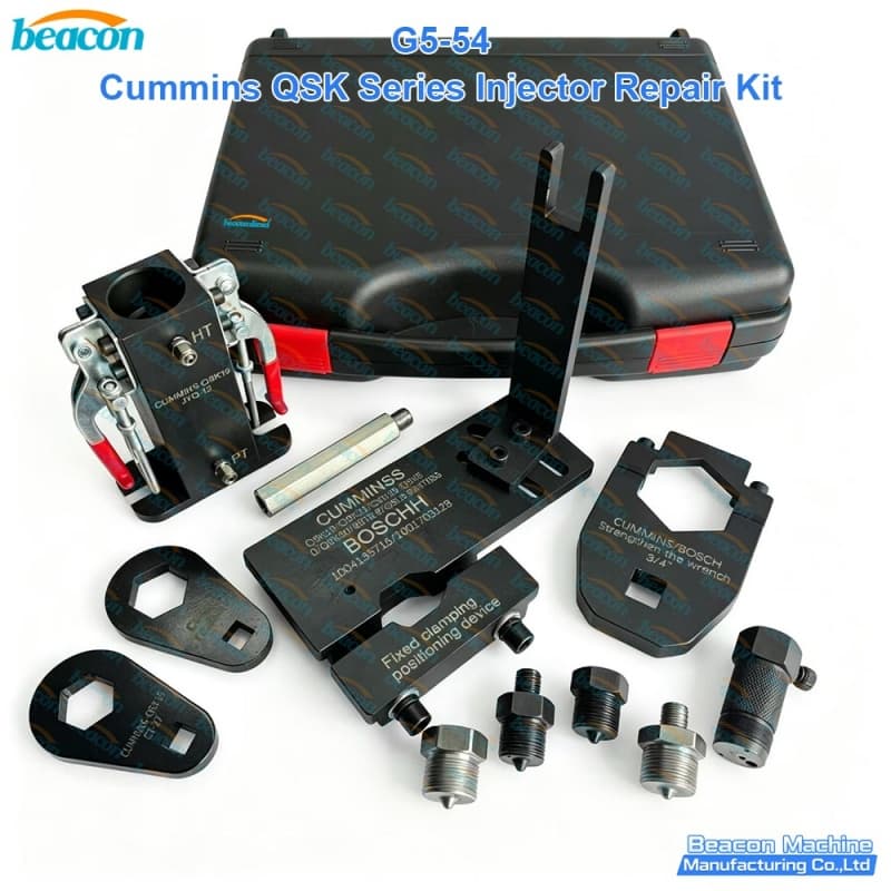 Complete G5-54 Cummins QSK series injector repair kit with reinforced wrenches, clamping blocks, and protective case