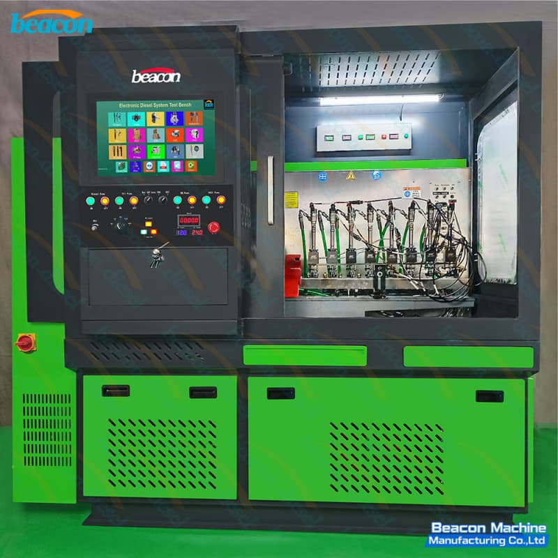 Internal test chamber view of CR1018 showing 8 injectors clamped simultaneously with wiring harnesses and digital DC power status module. Internal test chamber view of CR1018 showing 8 injectors clamped simultaneously with wiring harnesses and digital DC power status module.