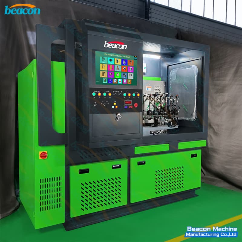Operator terminal featuring an industrial HD touchscreen running Electronic Diesel System Test Bench software with push-button controls. Operator terminal featuring an industrial HD touchscreen running Electronic Diesel System Test Bench software with push-button controls.